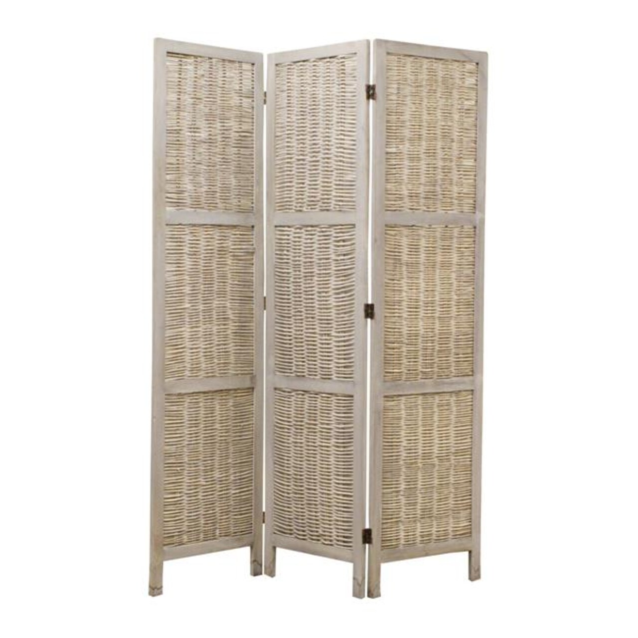 Benjara BM26577 Cottage Style 3 Panel Room Divider with Willow Weaving, Gray